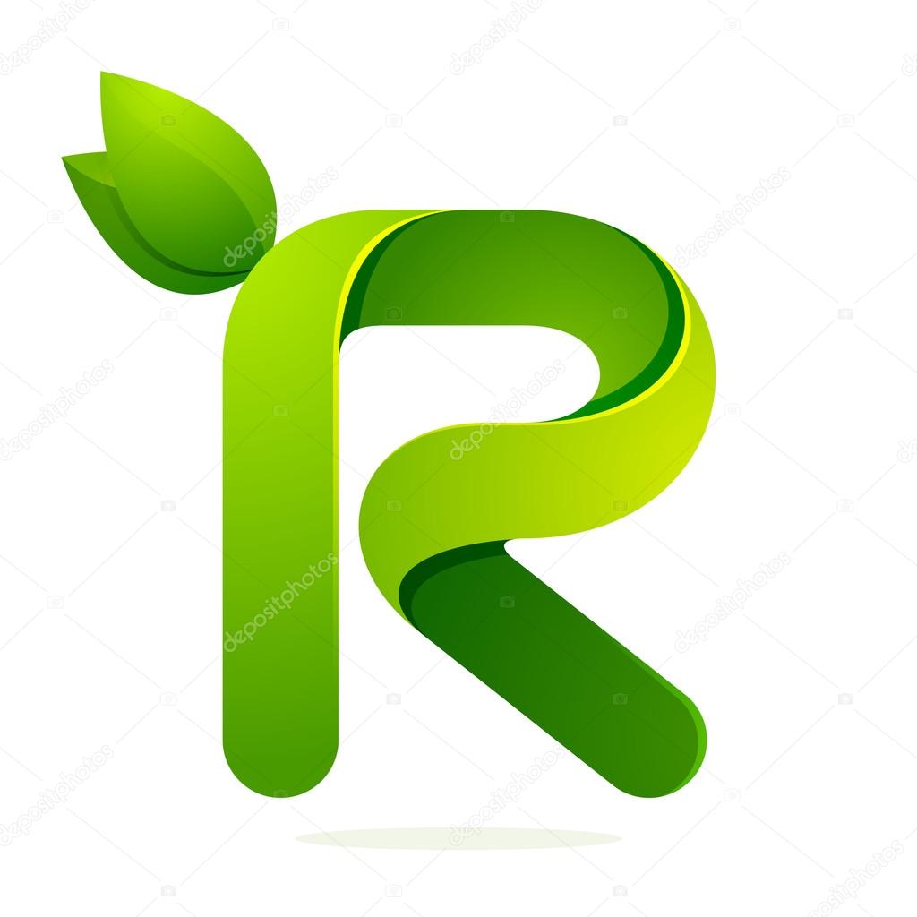 R letter with green leaves eco logo, volume icon. Vector design template elements an icon for your ecology application or company