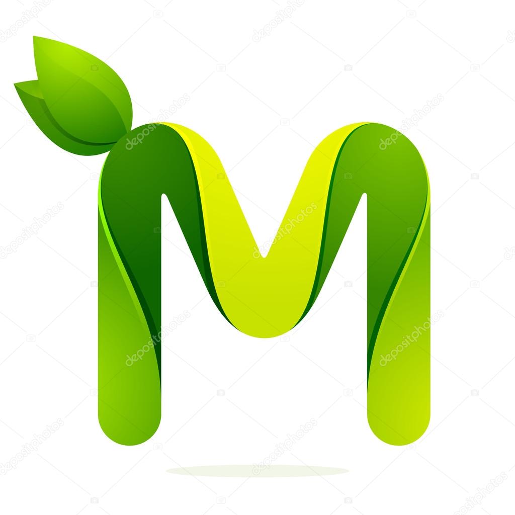 M letter with green leaves eco logo, volume icon. Vector design template elements an icon for your ecology application or company