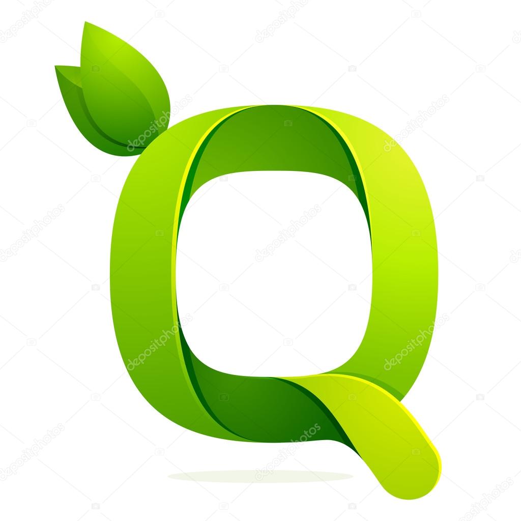 Q letter with green leaves eco logo, volume icon. Vector design template elements an icon for your ecology application or company