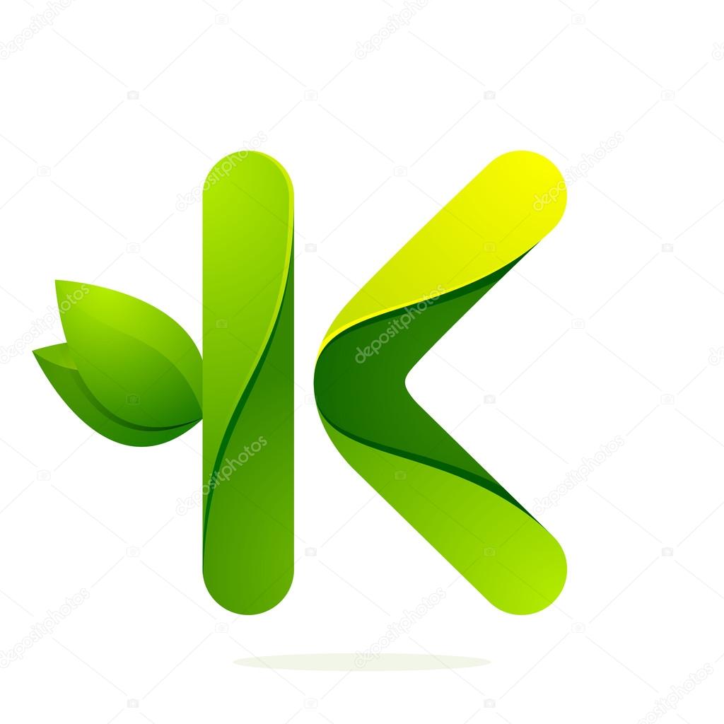 K letter with green leaves eco logo, volume icon. Vector design template elements an icon for your ecology application or company