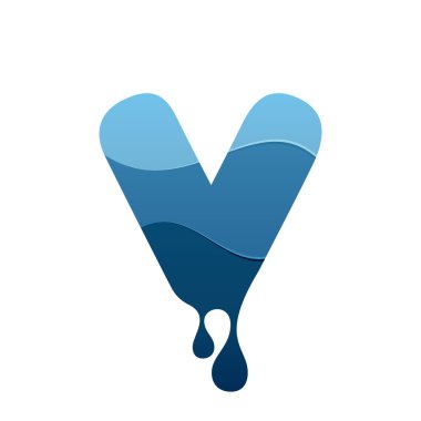 V letter with blue water and drops. clipart