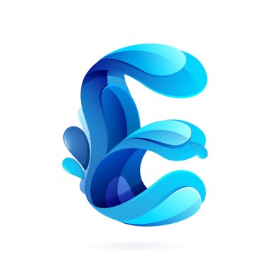 E letter with blue water splash and drops.