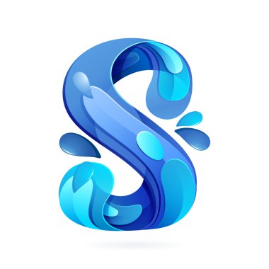 S letter with blue water splash and drops.
