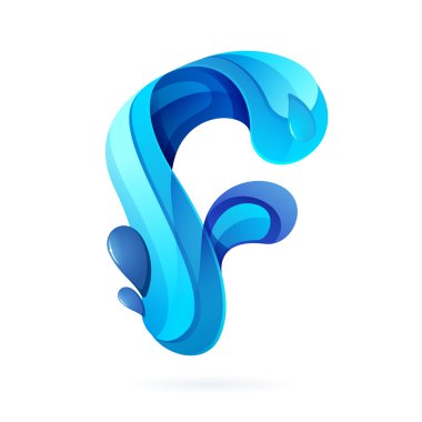 F letter with blue water splash and drops.