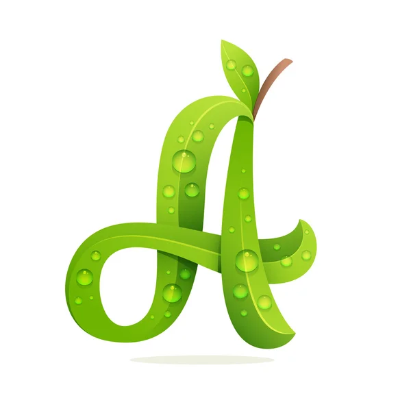 Una lettera con foglie verdi e rugiada — Vettoriale Stock