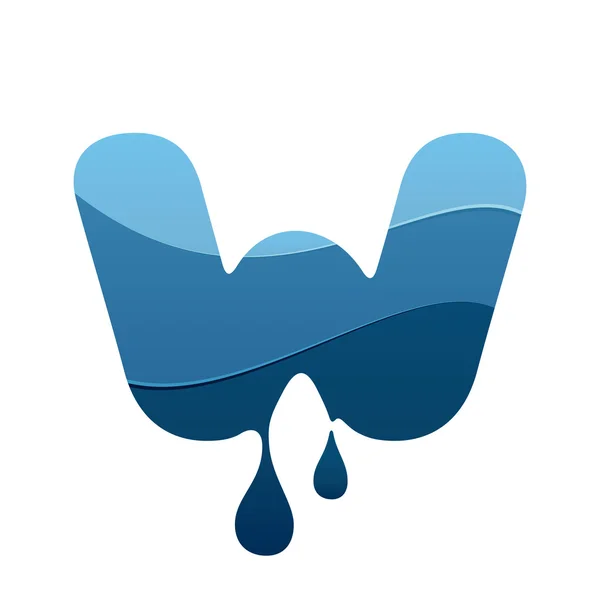 W letra logotipo com água azul e gotas . — Vetor de Stock