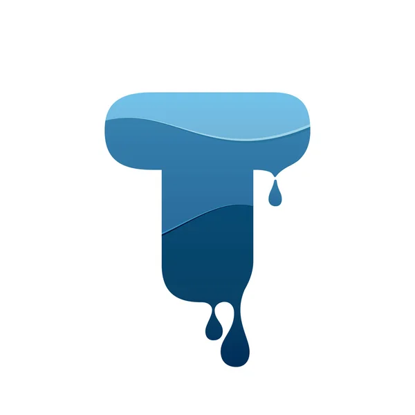 Logotipo de letra T con agua azul y gotas . — Vector de stock