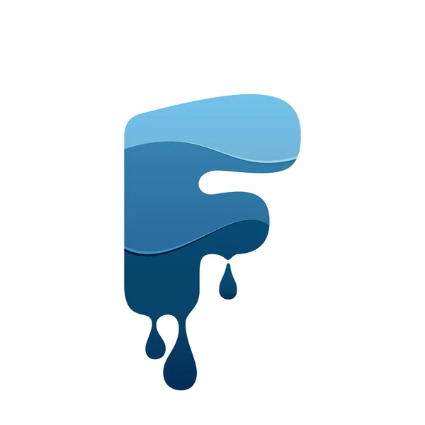F logotipo de la letra con agua azul y gotas . — Vector de stock
