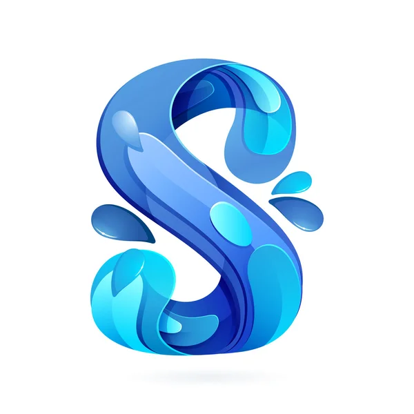S letter with blue water splash and drops. — Stok Vektör
