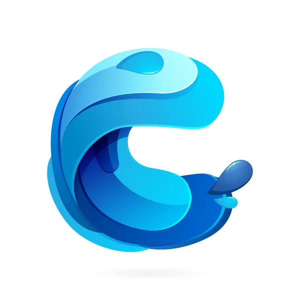 C letter with blue water splash and drops. — ストックベクタ