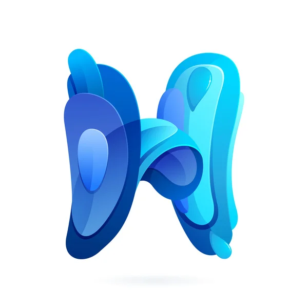 H letter with blue water splash and drops. — Stockvector