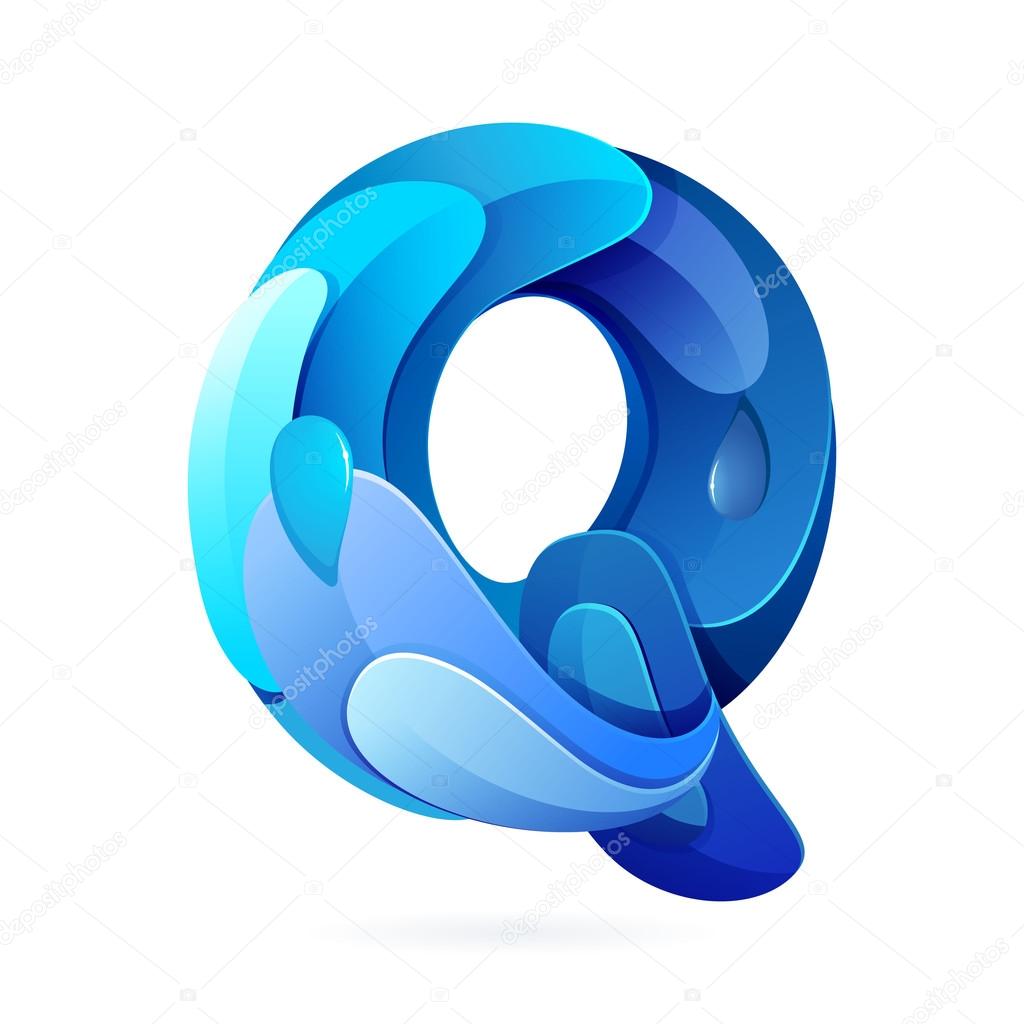 Q letter logo with blue water splash and drops. Creative vector design template elements for your application or corporate identity.