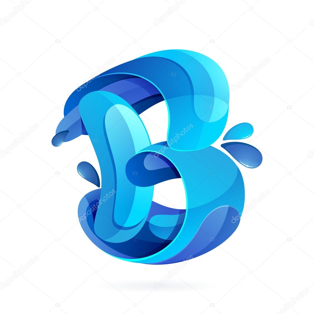 B letter volume ecology logo with blue water splash and drops. Creative vector design template elements for your application or corporate identity.