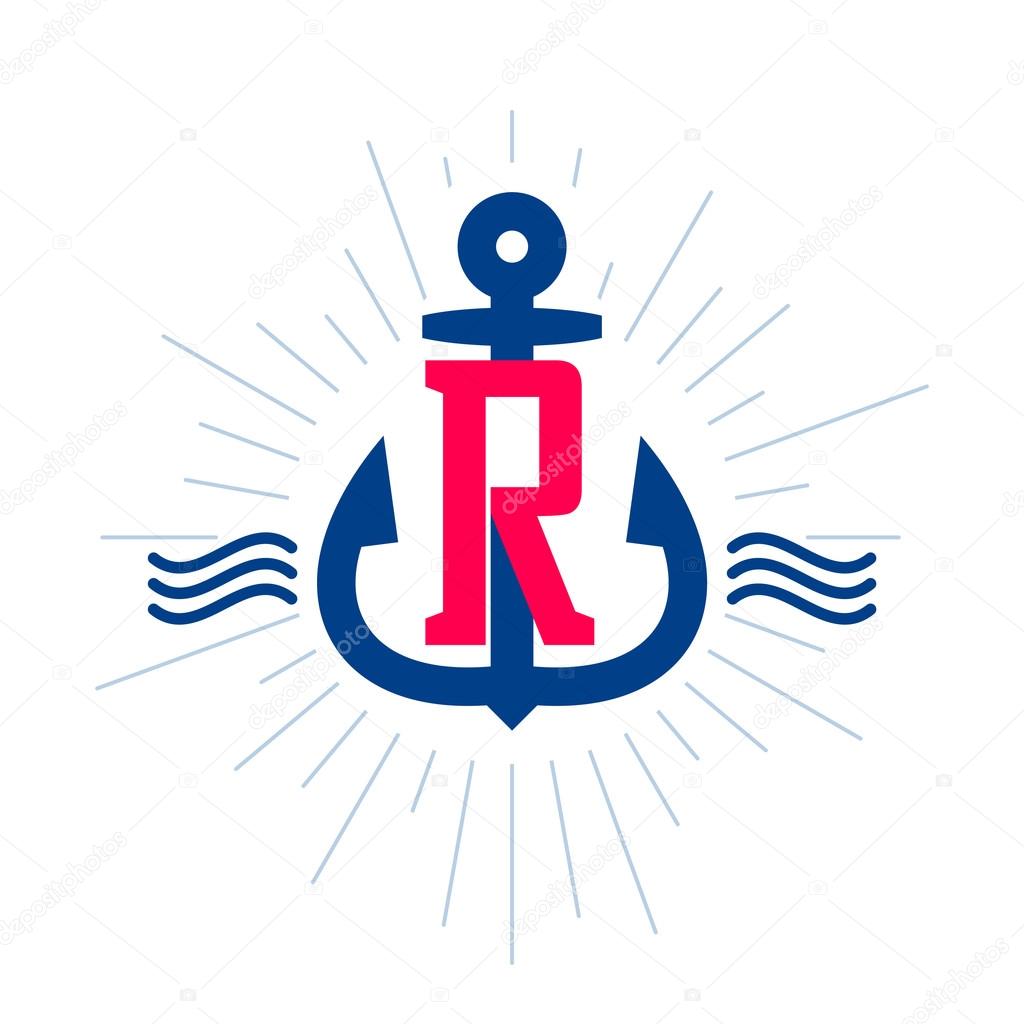 Anchor and rope vintage R letter label, logo, icon design template element.