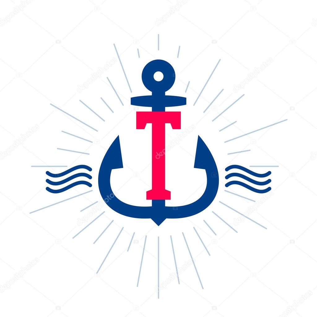Anchor and rope vintage T letter label, logo, icon design template element.