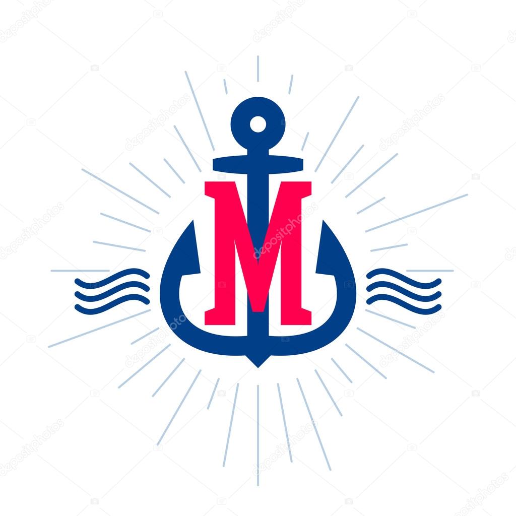 Anchor and rope vintage M letter label, logo, icon design template element.