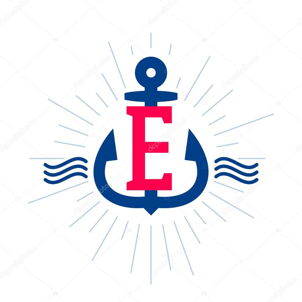 Anchor and rope vintage E letter label, logo, icon design template element.