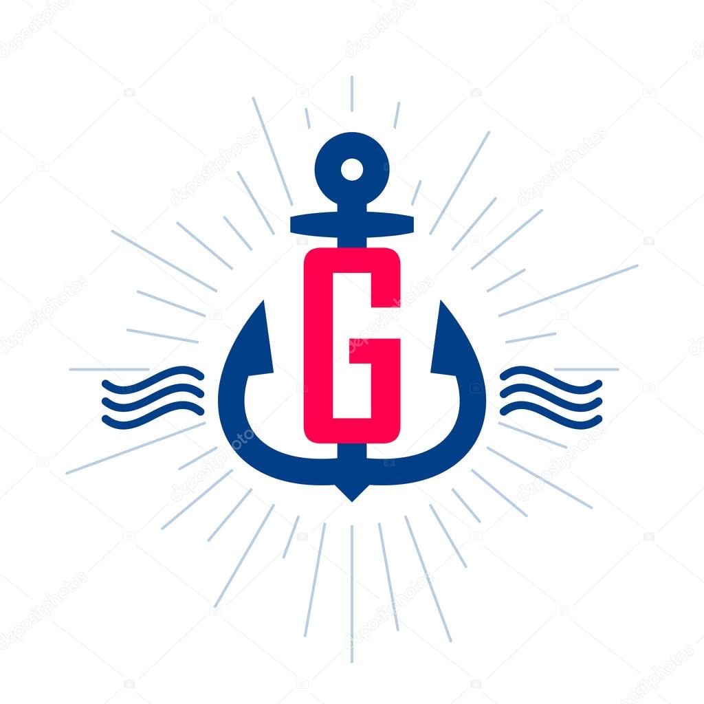 Anchor and rope vintage G letter label, logo, icon design template element.