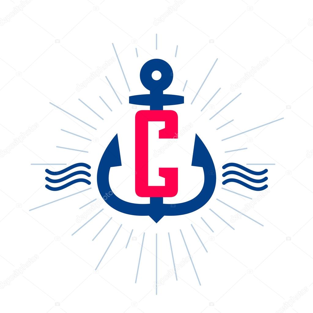 Anchor and rope vintage C letter label, logo, icon design template element.