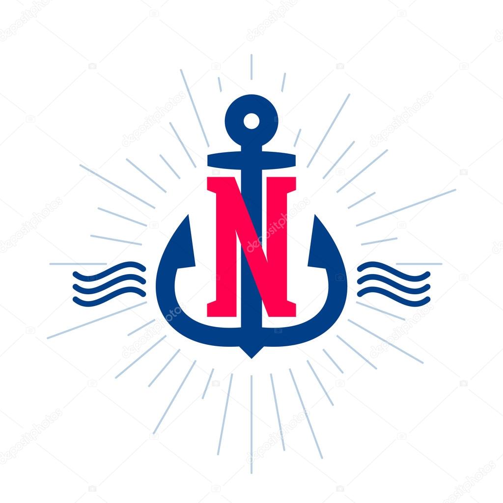 Anchor and rope vintage N letter label, logo, icon design template element.