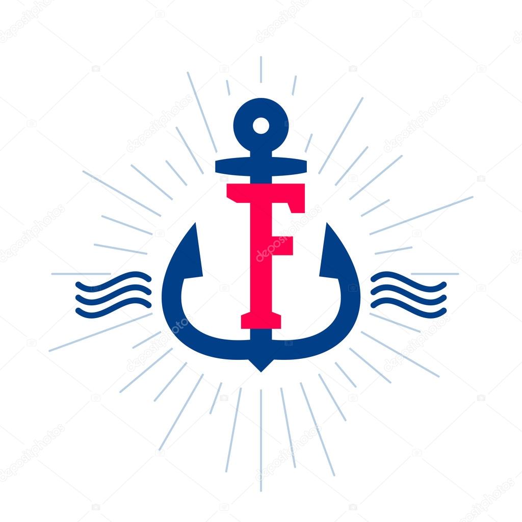 Anchor and rope vintage F letter label, logo, icon design template element.