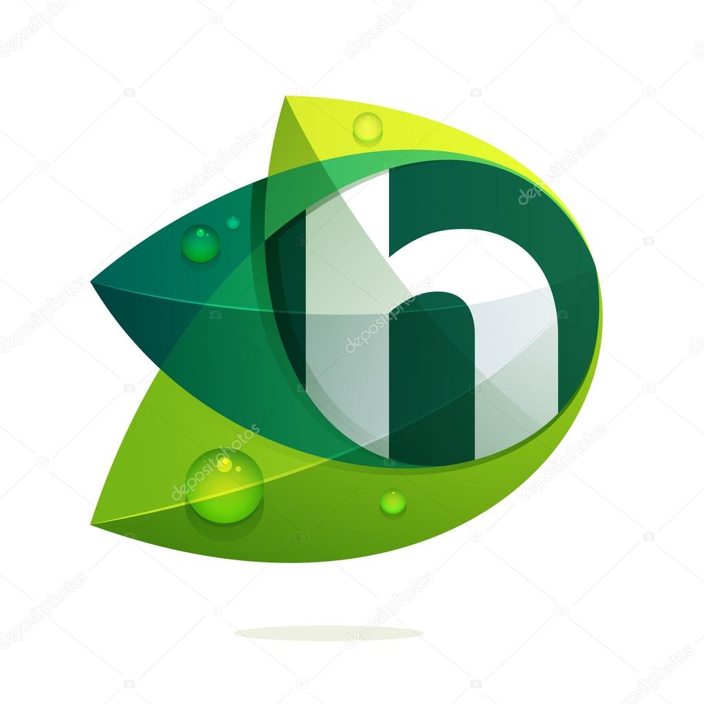 H letter with green leaves and dew drops. Vector design template elements