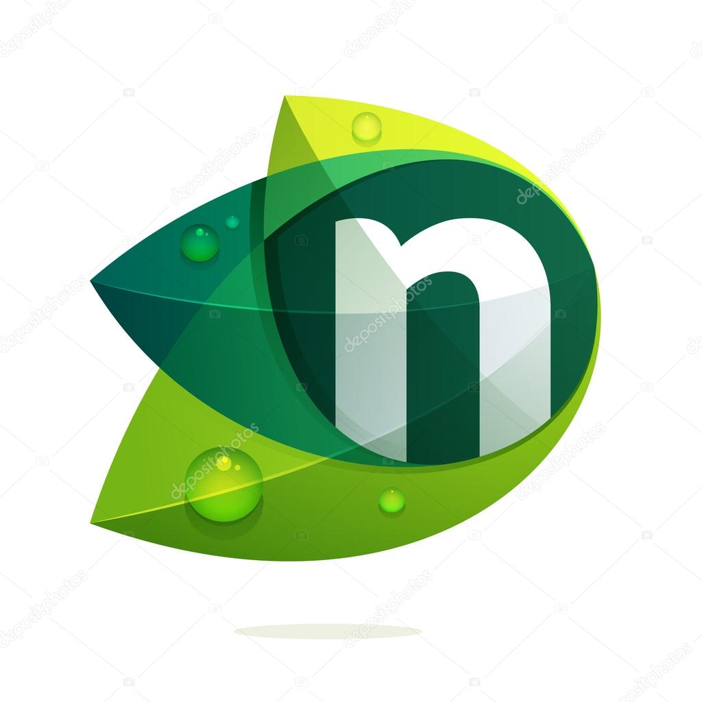 N letter with green leaves and dew drops. Vector design template elements