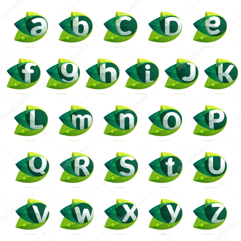 Alphabet letters with green leaves and dew drops. Vector design template elements