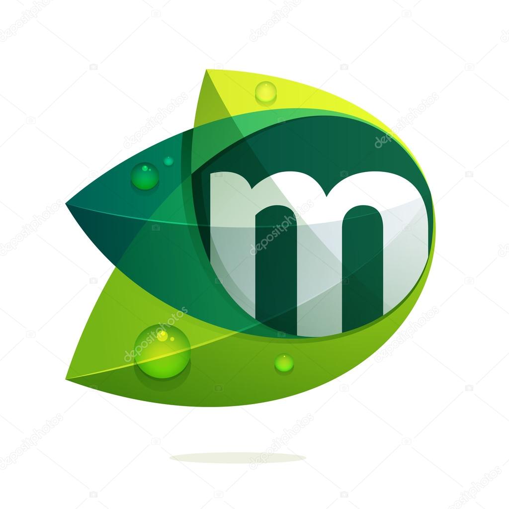 M letter with leaves and drops