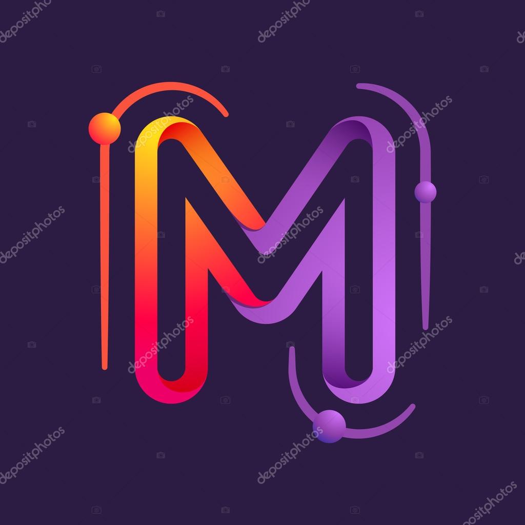 M letter with atom orbits. Vector colorful logo
