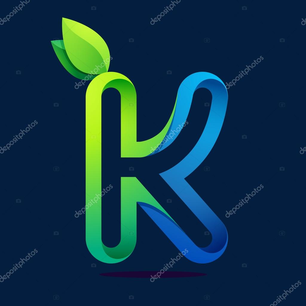 K letter with green leaves and water waves. Vector design template