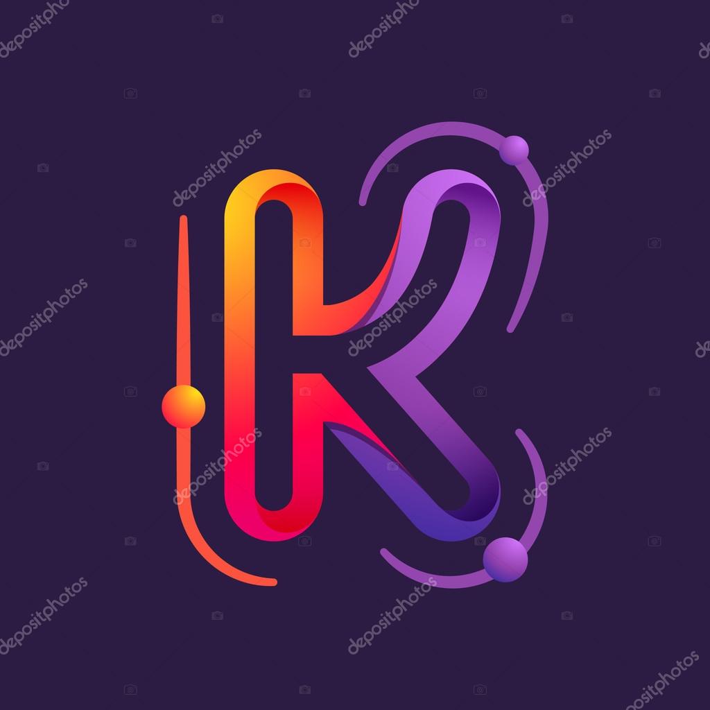 K letter with atom orbits. Vector colorful logo