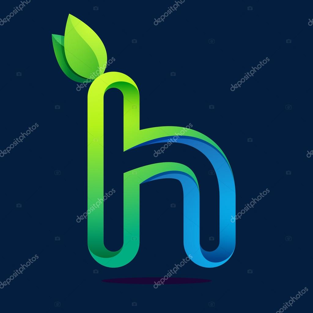 H letter with green leaves and water waves. Vector design template