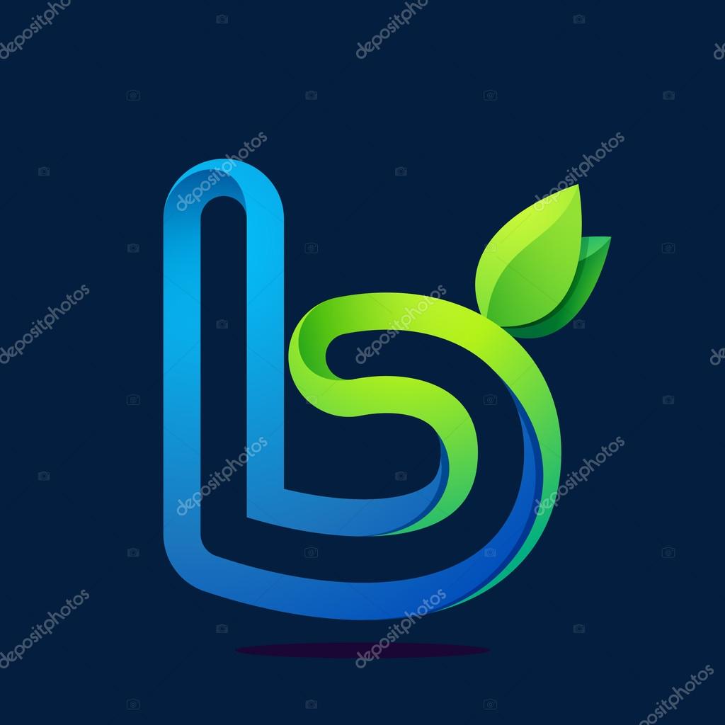 B letter with green leaves and water waves. Vector design template