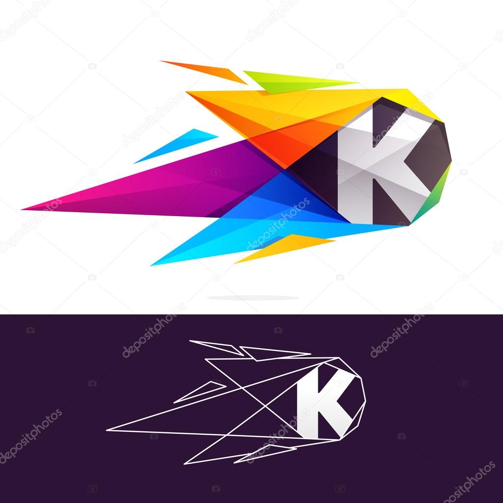 K letter logo with polygonal comet. Abstract low poly multicolored design templates elements for application or corporate identity.