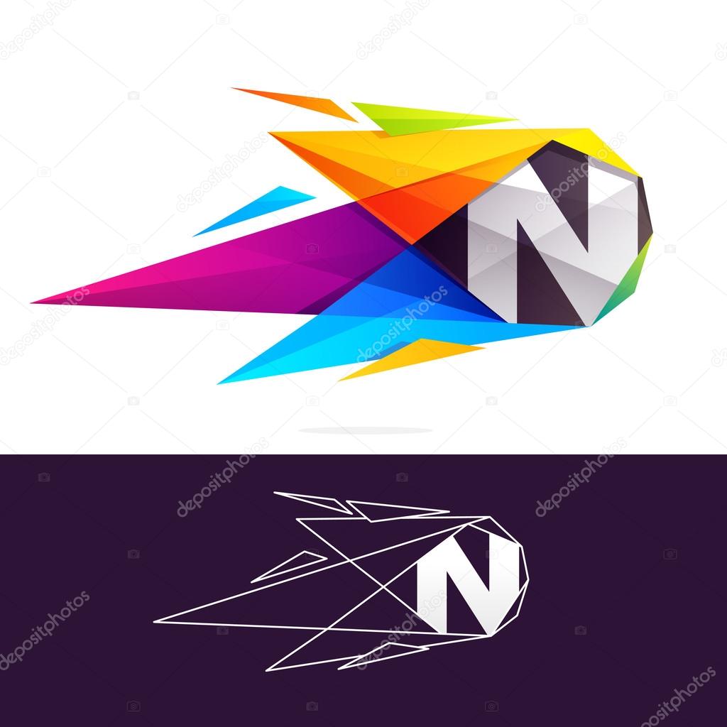 N letter logo with polygonal comet. Abstract low poly multicolored design templates elements for application or corporate identity.
