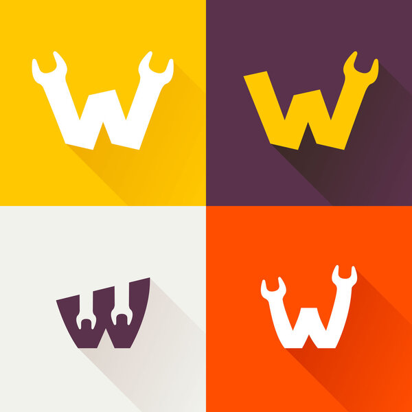 W letter with wrench logo set.