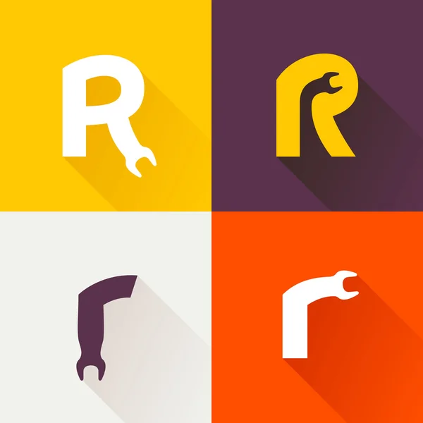 R brief met moersleutel logo set. — Stockvector