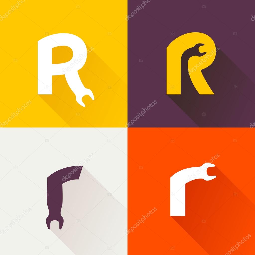 R letter with wrench logo set.
