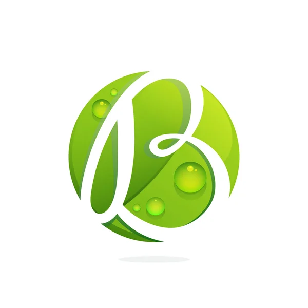 Буква B с зелеными листьями и каплями росы . — стоковый вектор