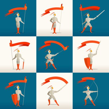 Mızrak ve bayrak, afiş ile Ortaçağ Şövalyesi.