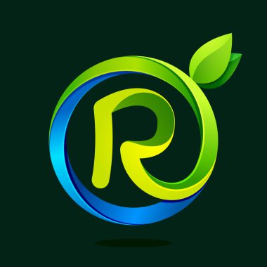 R harfi ile yeşil yaprakları ve su dalgaları.