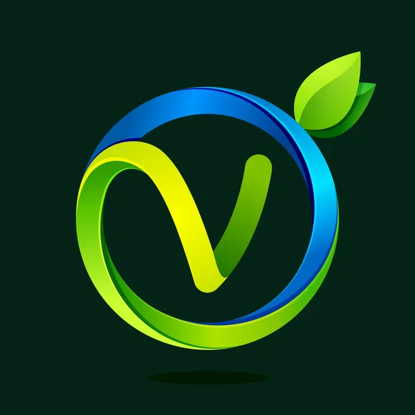 Lettre V avec feuilles vertes et vagues d'eau . — Image vectorielle