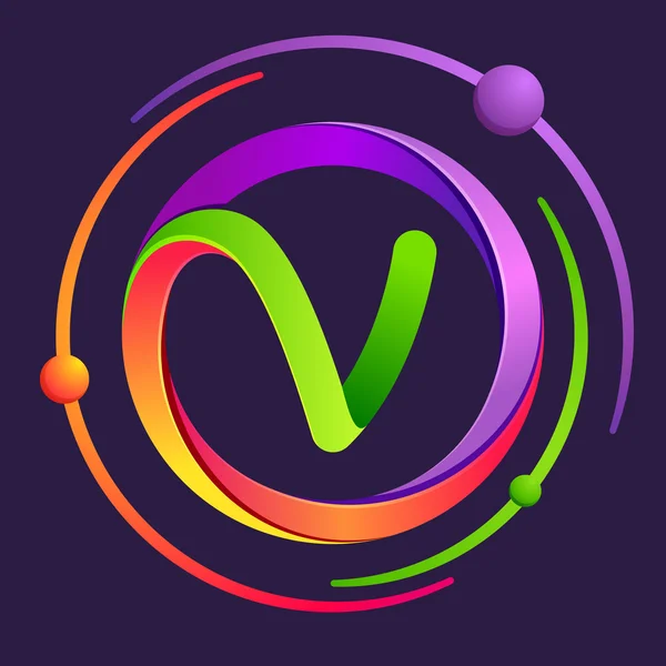 V letter logo with atoms orbits. — Stock Vector