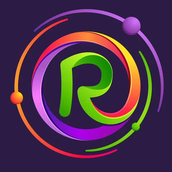 Логотип R-літери з атомами орбіт . — стоковий вектор