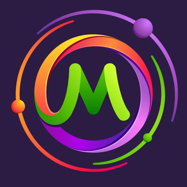 Letter M-logo met atomen banen. — Stockvector