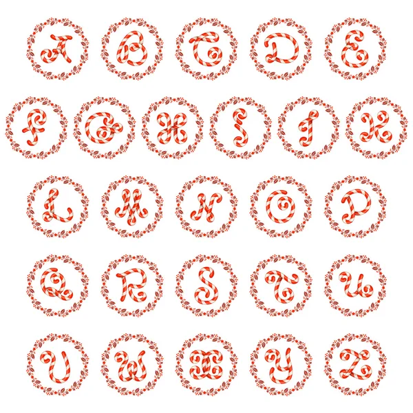 Алфавит рождественских конфет с венком — стоковый вектор