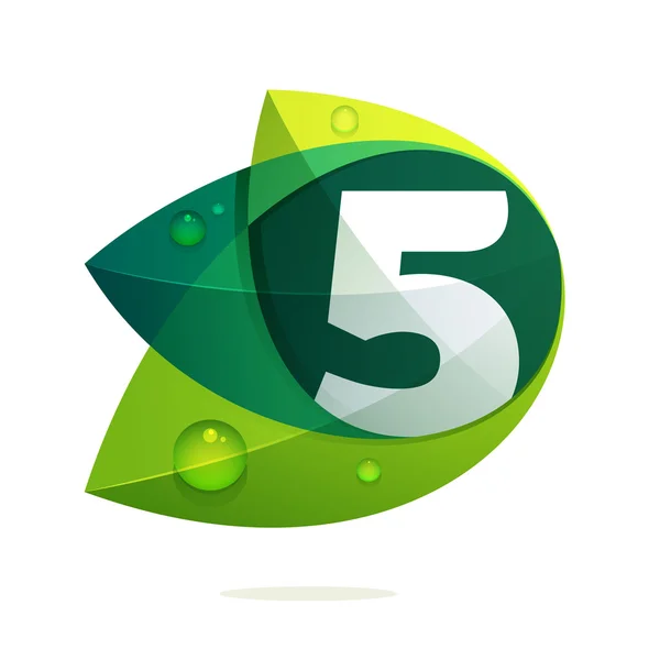 Number five with green leaves and dew drops. — Stock Vector