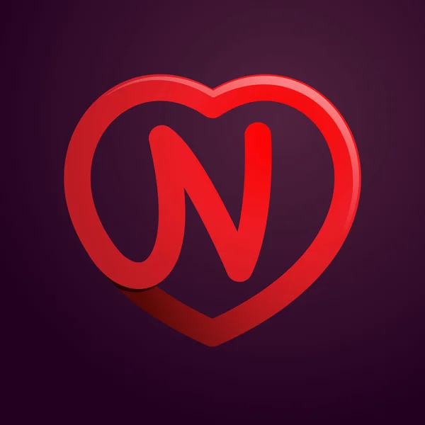 N letter with red heart. — Stock Vector