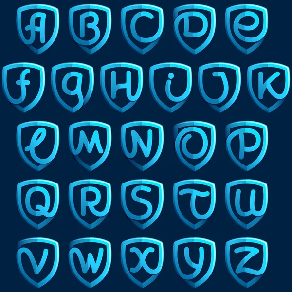 Alfabetletters met blauw schild. — Stockvector